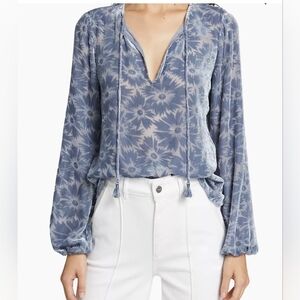 Paige Blouse Selmah Velver Floral Lace Long Sleeves Blue Size XS